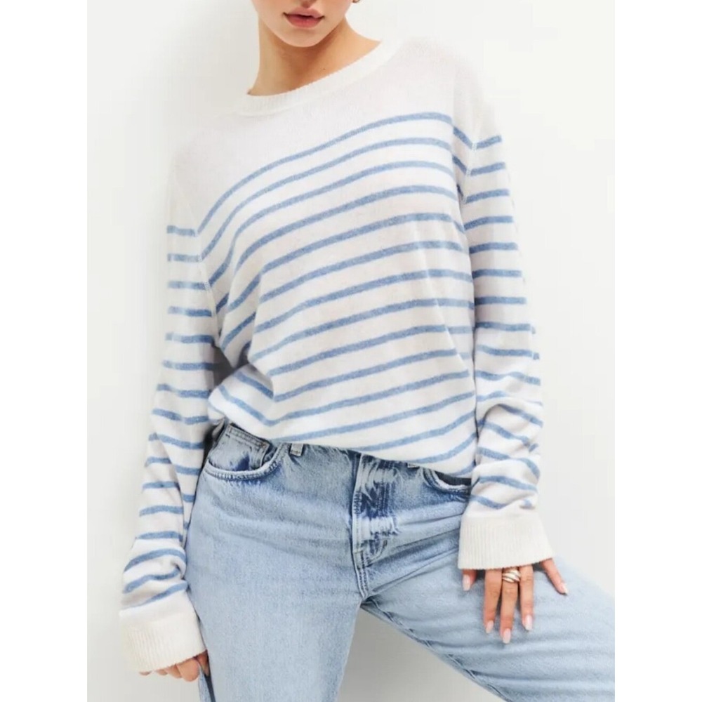 Reformation‎ Cashmere Boyfriend Ivory With Parisian Blue Stripe Crewneck Sweater - Picture 2 of 10